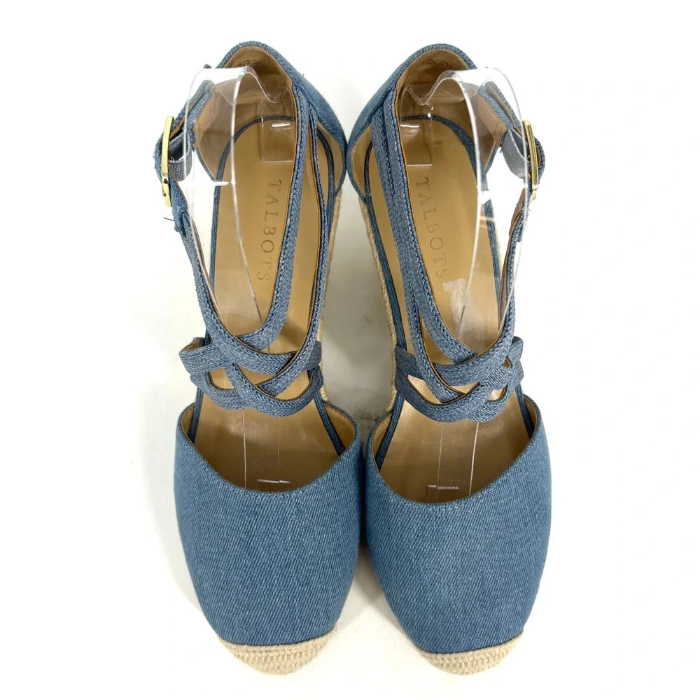 Talbots Womens Blue Denim Espadrille Wedge Sandals Crisscross‎ Ankle Strap 9M